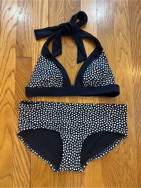 Boden Navy and White Polka Dot Halter Bikini